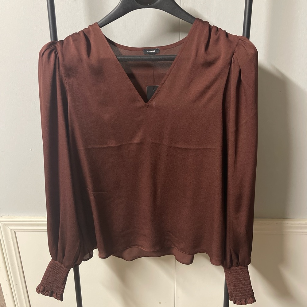 Express Brown Puff Sleeve Blouse with Ruffled Style